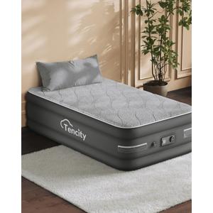 Tencity Fast Inflate AirBed, Quiet & Comfortable Blow Up Bed for Home Guests, Camping, Travel, Luxury Air Mattress W/Quilted Foam Topper, U-Shaped PVC Strap for Firm Support，Grey 18" Twin，18" Twin