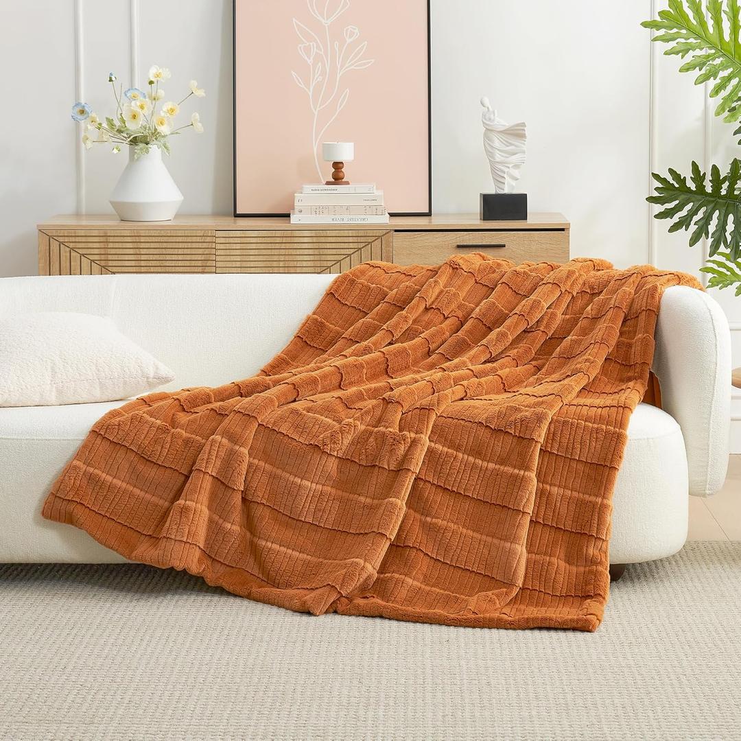 Amlie Home Luxury Striped Faux Fur Throw Blanket for Couch, Soft Cozy Fuzzy Fluffy Soft Plush Blankets Sofa Chair Gift Blankets for Women, 55"x70", Brown (Textured Orange Brown)