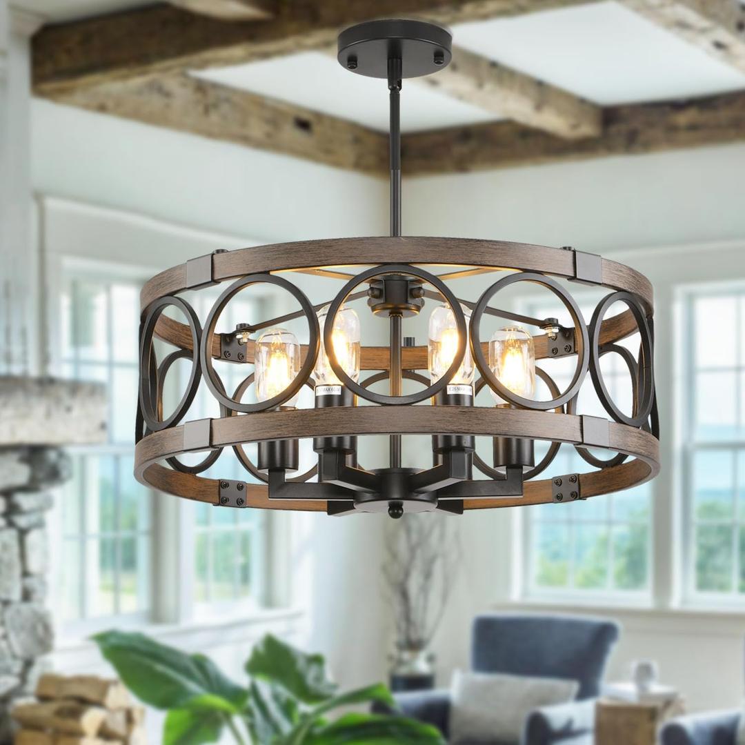 Semi Flush Mount Ceilnig Light,6-Light Farmhouse Chandelier Rustic,Modern Light Fixture Ceiling Mount Round Metal Vintage Chandelier Dining Room Light Fixtures for Kitchen (Black)