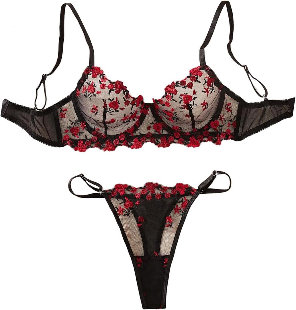 SweatyRocks Women's Valentines Lace Floral Lingerie Sets Sexy Mesh Bra and Panty Babydoll Outfits (Black, S)