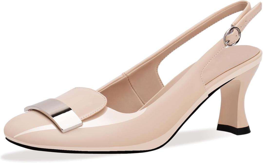 Women's Low Heel Slingback Pumps Square Toe Buckle Patent Leather Elegant Comfortable Dress Shoes (8, Nude)