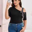 COZYEASE Women's Plus Size Striped Bowknot Cold Shoulder Tee Tops Half Sleeve Slim Fit Casual T Shirt (Black, XXL)