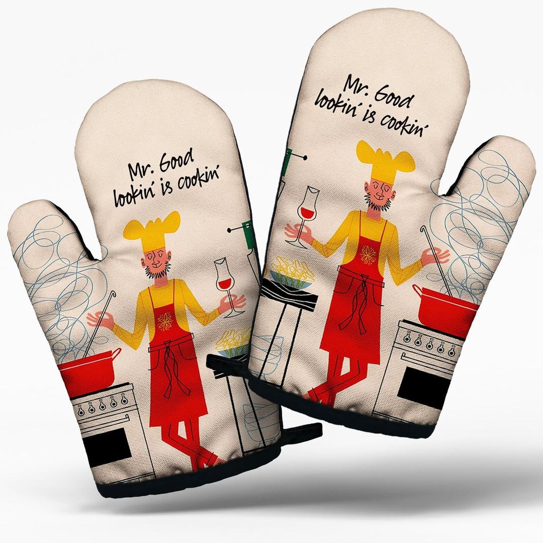 Funny Family Cooking and Baking BBQ Kitchen Gadgets with Heat Resistant Silicone Non-Slip, Mr.Good Lookin' is Cookin' Oven Mitts Set of 2, Valentine's Day Gifts for Husband Dad Friend Baking Lover