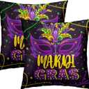 Mardi Gras Purple Pillowcovers 18X18 Inch Masquerade Beads Pillows Set of 2 Happy Mardi Gras Throw Pillows Case Farmhouse Square Cushion Covers Decor for Holiday Outdoor Sofa Couch