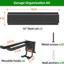PIYILO Garage Tool Organizer Wall Mount with 48 inches Rails and 6 Double-layer Hooks, Garden Tool Rack Heavy Duty, Garage Hanging Storage Rack For Yard Tools, Shovel, Shed