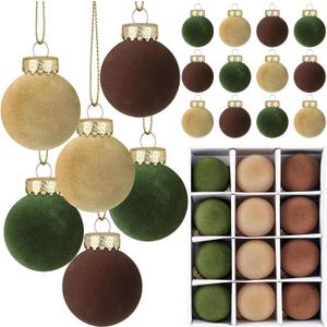 12 Pcs Velvet Flocked Ornaments Holiday Ball Ornaments for Xmas Tree, Home Holiday Decor (Brown, Green, Beige, 8 cm)