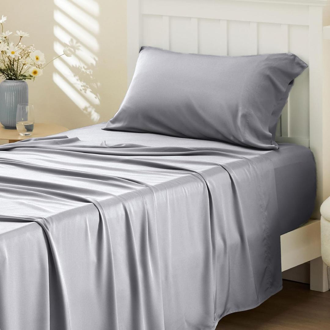 Bedsure Cooling Sheets Twin, Rayon Derived from Bamboo, Cooling Sheets, Breathable & Soft, Deep Pocket Up to 16 Inches, Hotel Luxury Silky Bedding for Hot Sleepers, Silver Grey