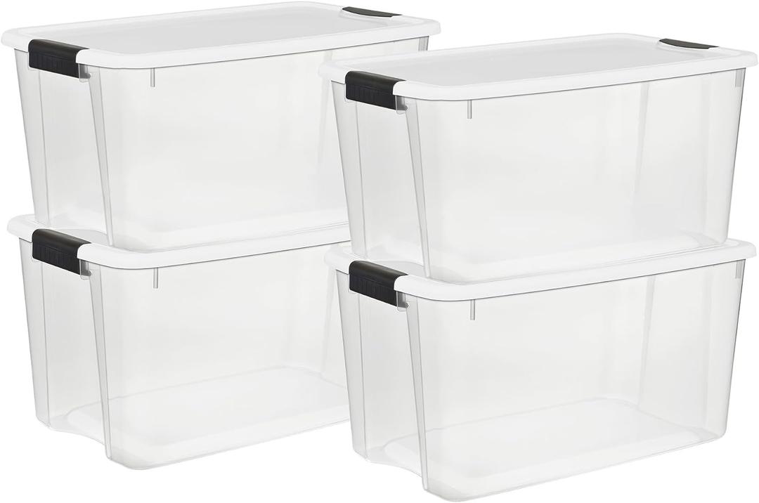Sterilite 4 Pack Ultra Latching Box, Storage Bins with Lids, Clear Plastic, 70 Quart - Heavy-Duty Organizing Containers for Closet, Bathroom, and Office
