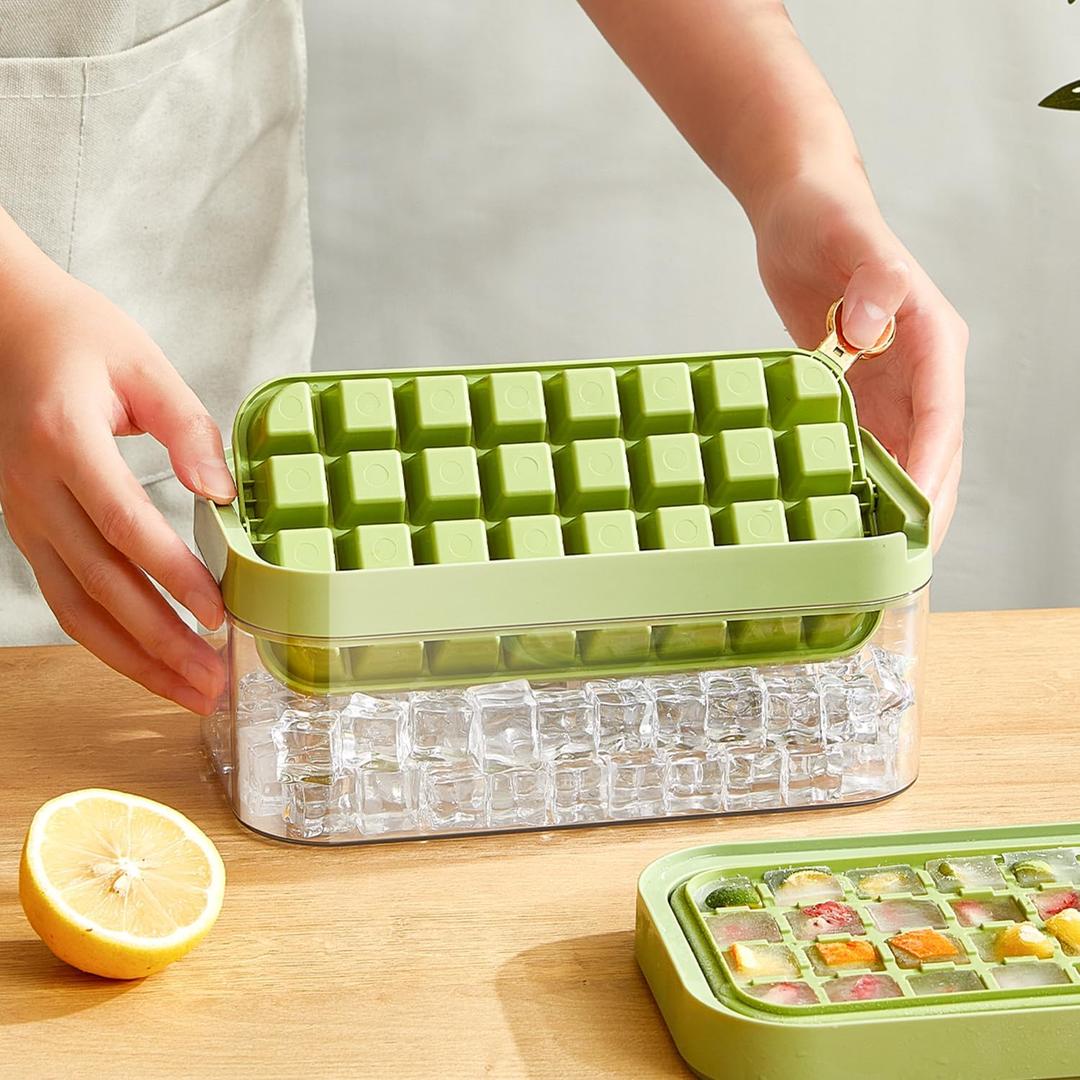 Ice Cube Tray with Lid and Bin, 2 Pack of Ice Trays with 64 Pcs Ice Cube Molds for Freezing(Green)