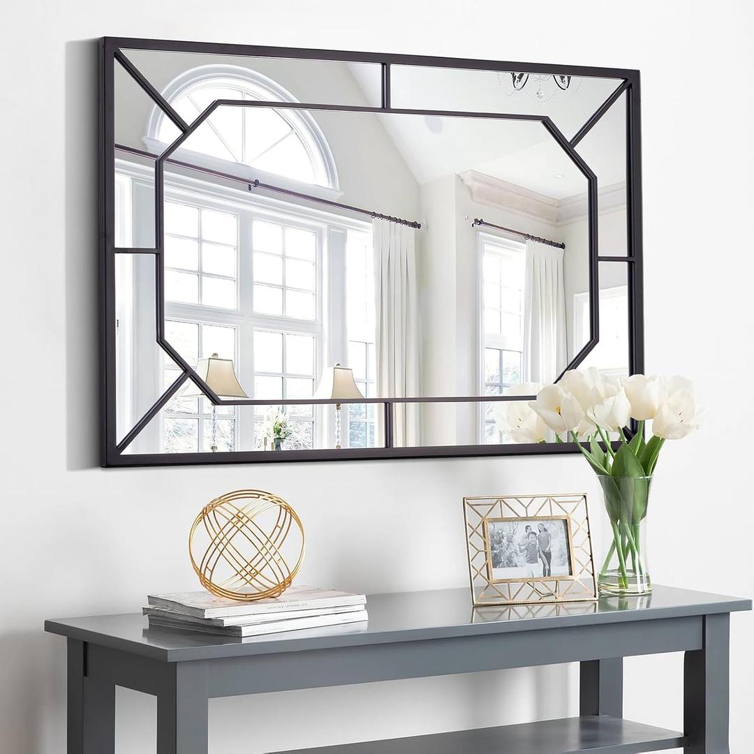 Black Tempered Living Room Mirror, 36"x24" Large Decorative Wall Mirror with Irregular Metal Frame, Modern Accent Mirror for Bathroom, Bedroom, Entryway