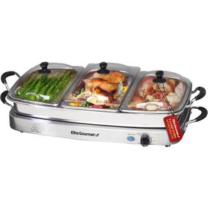 Elite Gourmet EWM-9933 Triple 3 x 2.5 Quart Trays Buffet Server 7.5 Qt Oven Safe Pan Food Warmer, Temperature Control, Clear Slotted Lids, Perfect for Parties, Entertaining & Holidays, Stainless Steel