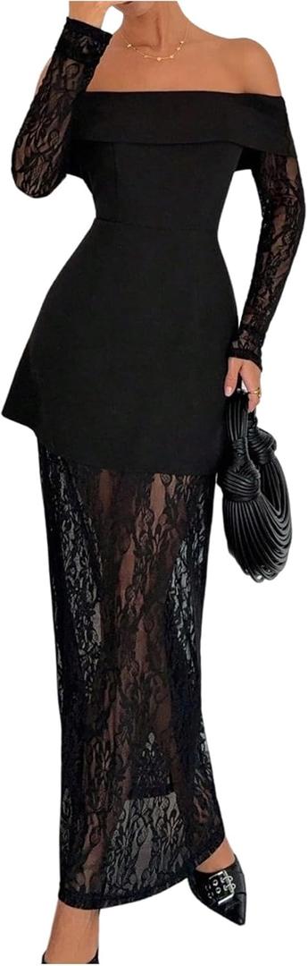 Verdusa Women's Lace Sheer Off Shoulder Fall Wedding Guest Dresses Peplum Maxi Dress (Black), XL