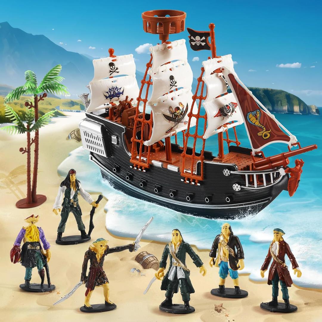 Pirate Action Figures Boat Playset Pirate Pretend Toys Pirate Ship with 6 Action Figures & Tree, Play Toy for Kids, Educational Learning Toys with Figurines, Trees and Boat- Gifts for Boys and Girls