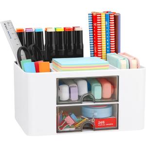 Desk Organizer with 2 Drawer, Plastic Desktop Pen Pencil Card Holder Storage Box for Desk, Office Supplies, Vanity Table Office School Home (White)