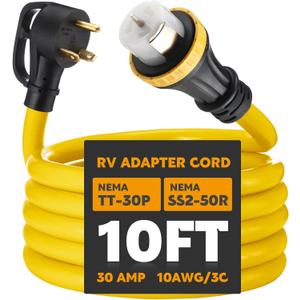 10ft 30 Amp to 50 Amp RV Locking Adapter Cord Compatible with Nema TT-30P Male to SS2-50R, Locking Female Power Dog Bone Plug for RV Trailer Camper, STW 10 Awg/3c