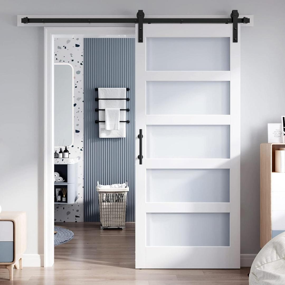 36x80 Inch Glass Sliding Barn Door Slab and 6.6ft Hardware Kit Included, 5 Frosted Glass, LVL Wood Panel Covered with White Water-Proof Scratch-Proof PVC Surface, Simple DIY Assembly