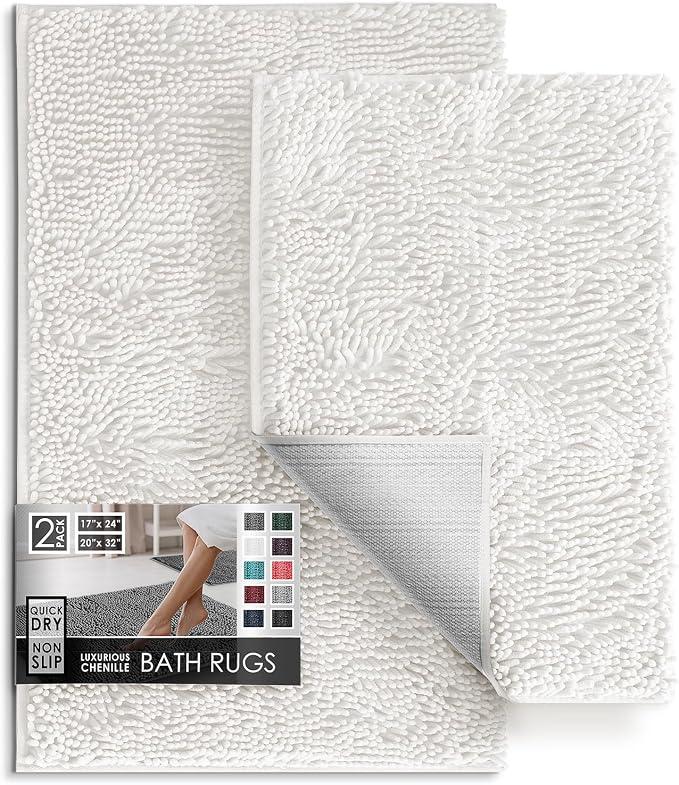 Hearth & Harbor Bathroom Rugs, Chenille Bath Mats for Bathroom - Machine Washable Bath Rugs, Non Slip Backing Rubber, 17 x 24 + 20 x 32, Off White