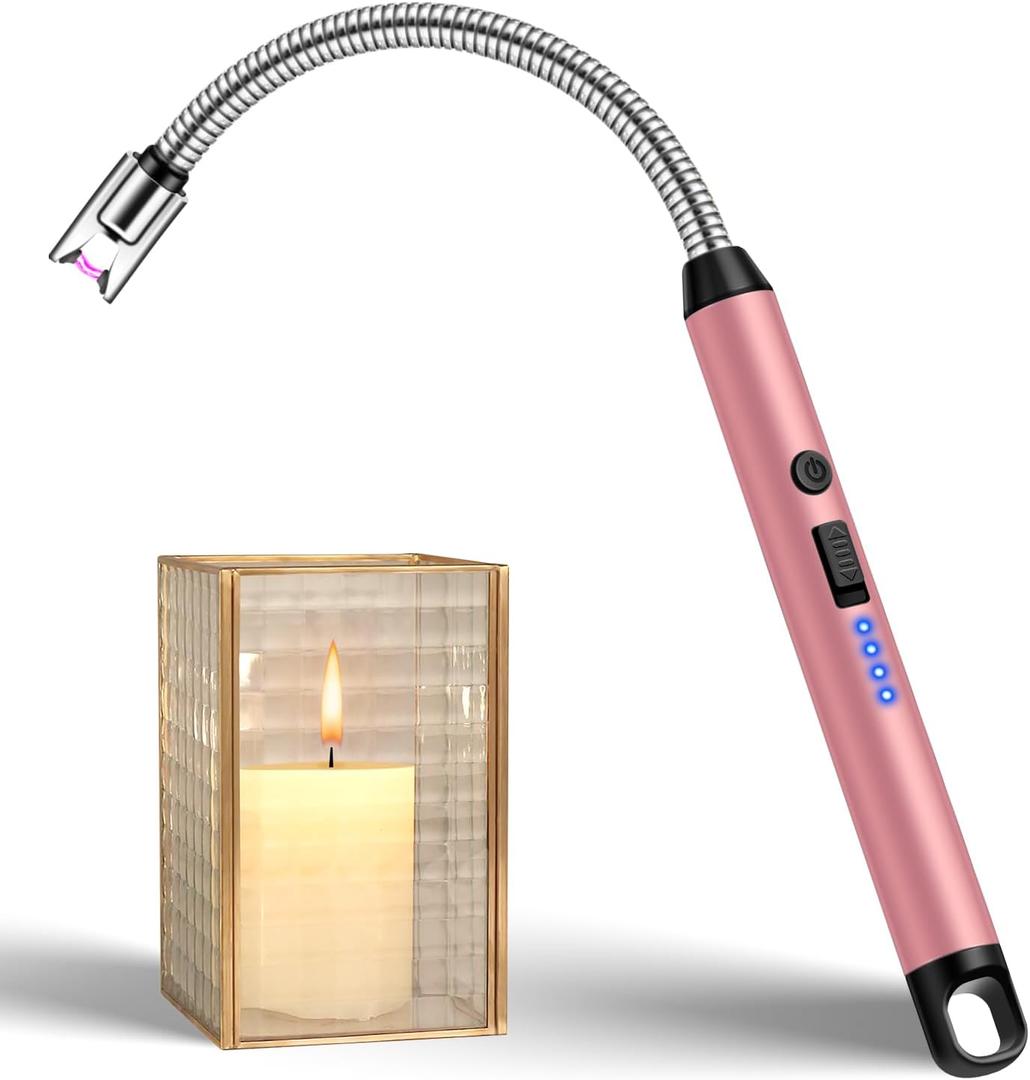 LcFun Candle Lighter with 360 Flexible Neck & Safety Lock, Windproof USB Rechargeable Electric Lighter Gift Sets, Flameless Arc Long Lighters Matches for Grill, BBQ, Camping, Fireplace, Stove (Rose Gold)