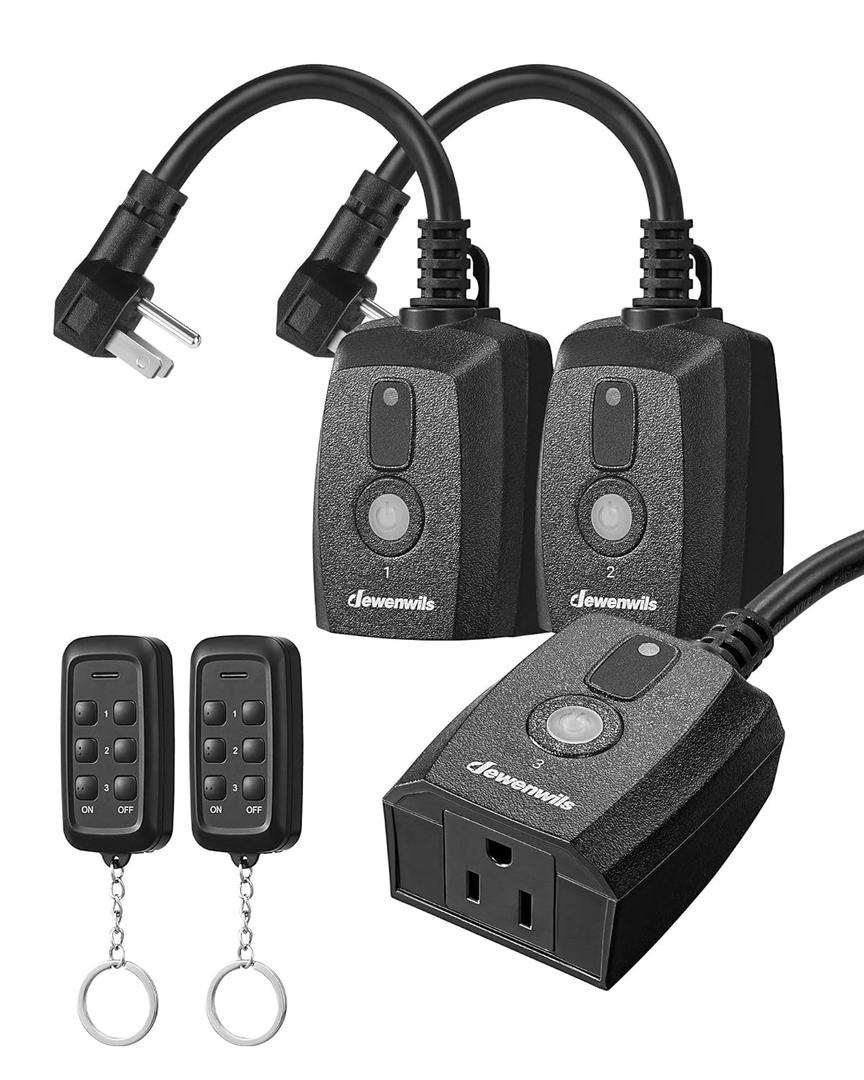 DEWENWILS Outdoor Remote Control Outlet, Indoor Wireless Remote Control Switch, Weatherproof Electrical Plug in Switch, 3-Prong 15A, 6-Inch Cord, 100FT Range, 2 Remotes 3 Outlets, ETL Listed