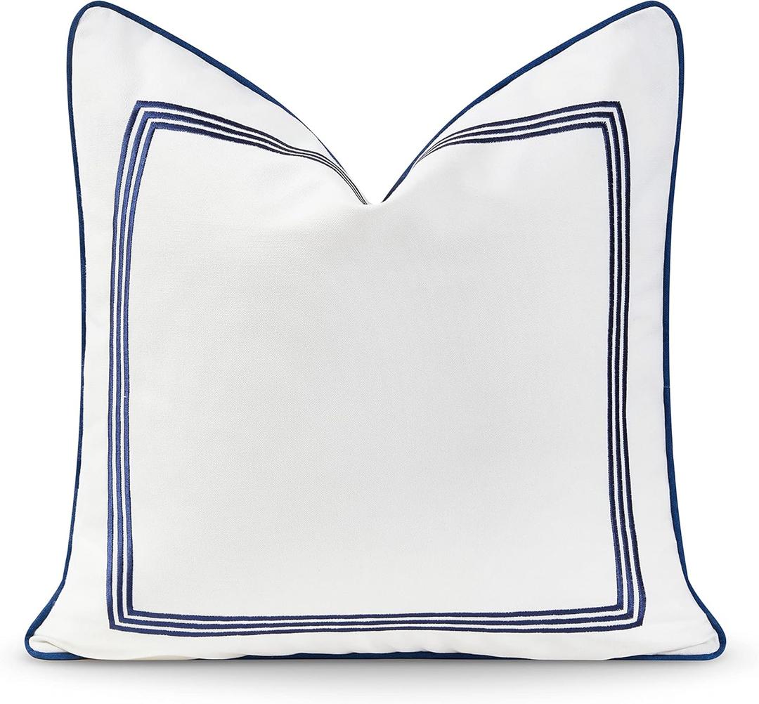 Hofdeco Premium Coastal Hampton Style Patio Indoor Outdoor Pillow Cover Only, 20"x20" Water Resistant for Backyard, Couch, Navy Blue Embroidered Square Line