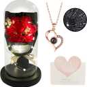Gift for Her Forever Flower Bouquet for Delivery Prime Preserved Red Roses Glass Dome LED Light 100 Languages I LOVE YOU Necklace Mothers Day Birthday Romantic Valentines Gift for Wife Women Mom