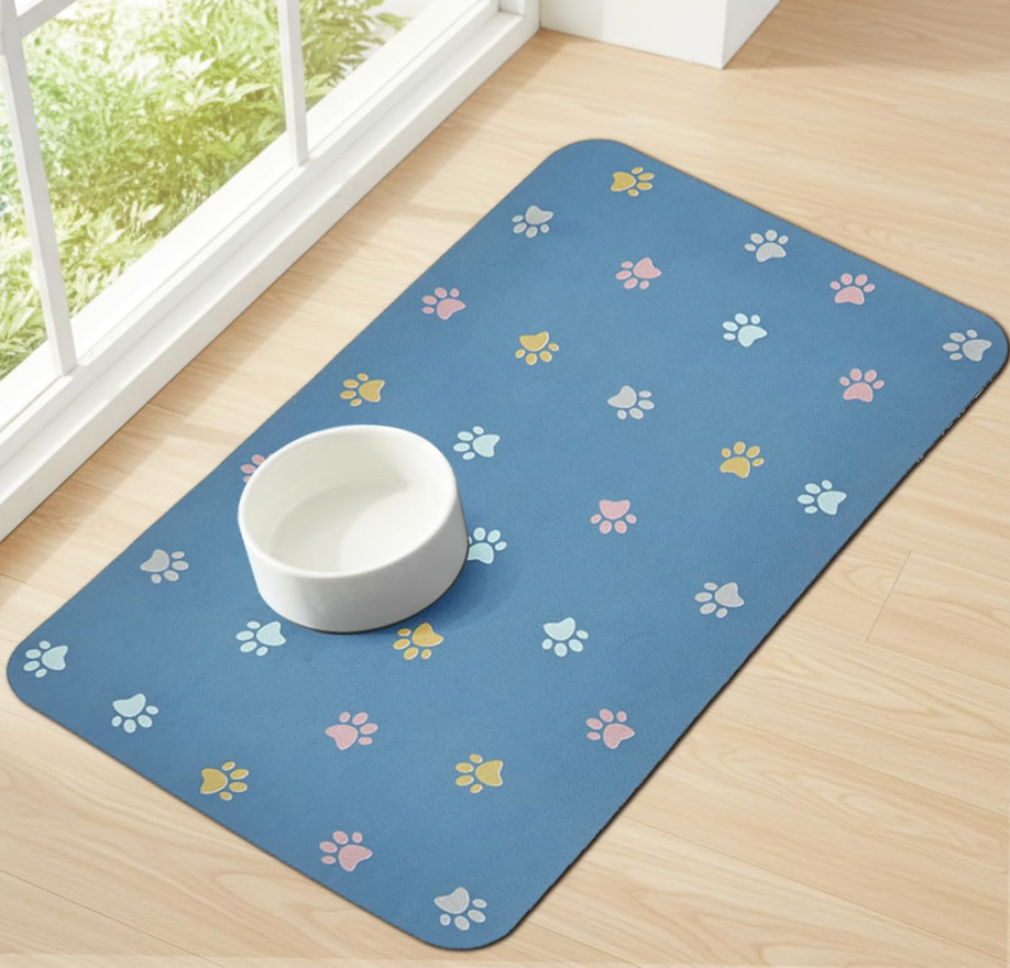2 x Cat Food Mat Absorbent Dog Mat for Food and Water Non Slip Quick Dry Dog Bowl Mats for Floors 19" X 12" Paw Dark Gray