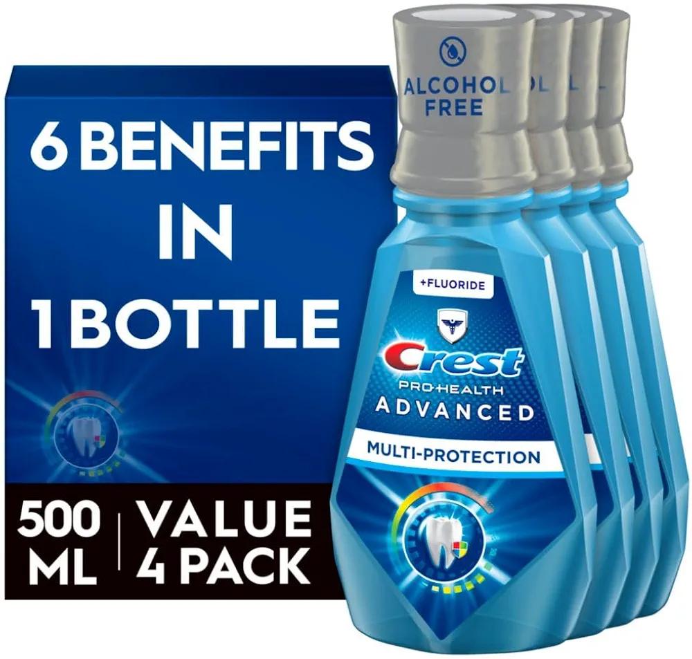 Crest Pro-Health Advanced Multi-Protection Mouthwash, Alcohol Free Mouthwash, Fresh Mint, 500 mL (16.9 Fl Oz), Pack of 4, Crest Mouthwash, Flouride Mouthwash, BBD: 2027