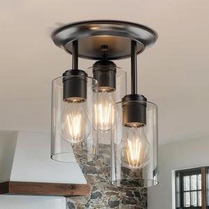 Kalium 3-Lights Semi Flush Mount Ceiling Light Fixture, Farmhouse Light Fixtures, Ceiling Light Decor for Kitchen, Foyer, Entryway, Matte Black with Clear Glass Shade.