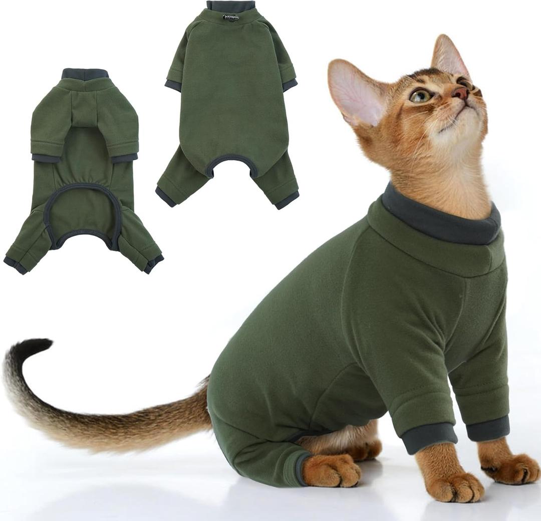 PUMYPOREITY Sticky Hair Cat Clothes, Prevent Loss Pajamas, Soft Sweaters for Cats Only, Onesie, Recovery Suit After Surgery, Green, M