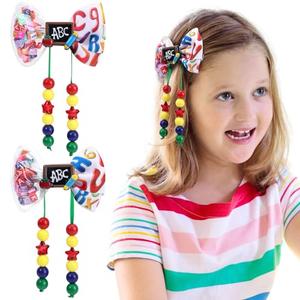 PABOBIT Back to School Hair Bow for Girls, 16PCS Pencil Bow Clips, Yellow Pigtail Bows with Beads Schoolgirl Hair Accessories for Kids Teens(Beads)