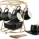 LYEOBOH Espresso Cups with Saucers Set, 3 Ounces Porcelain Coffee Cups with Metal Stand and Spoons, Cappuccino Cups Cute Demitasse Cups for Coffee Drinks, Latte, Tea Set of 6, Black