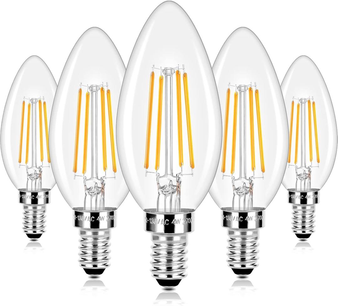 E12 LED Candelabra Bulbs 40 Watt Equivalent, 4W Vintage Candle Light Bulbs Dimmable, 470Lm Warm White 2700K B11 Edison Bulb, Filament Clear Glass Lamp Bulb for Chandelier Ceiling Fan (5 Packs)