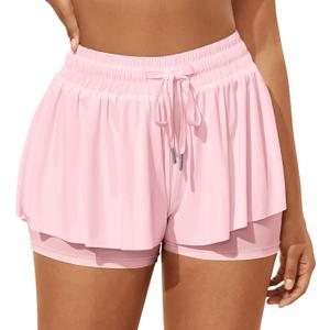 GOBLES Women's Summer High Wide Waistband 2 in 1 Butterfly Workout Athletic Tennis Shorts (Pink, L)