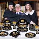140PCS Graduation Party Supplies Congrats Grad Plates and Napkins Graduation Party Decorations Black Gold Disposable Tableware Set Congrats Grad Party Paper Plates, Serve 20 Guest