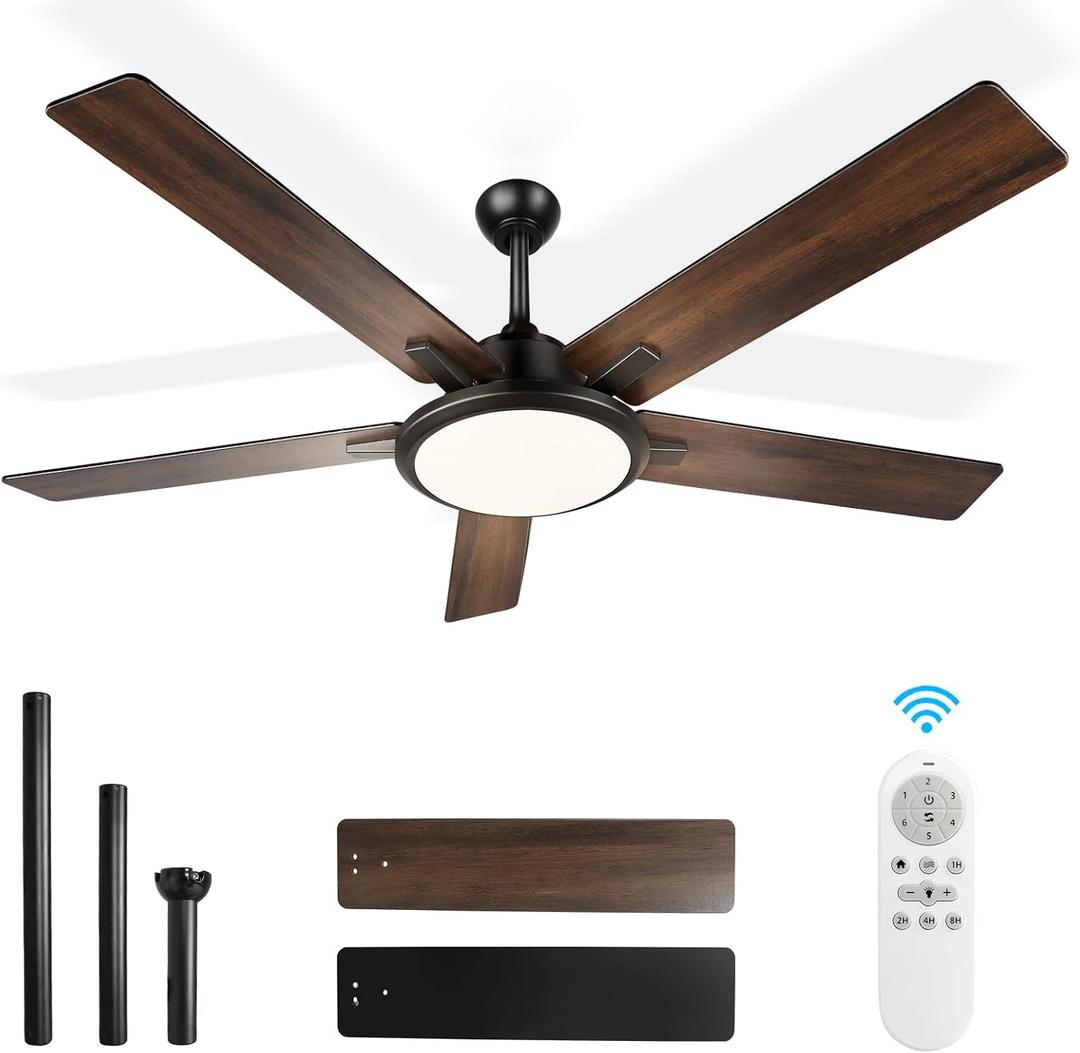 OUTON 52" Ceiling Fans with Lights and Remote, LED Dimmable Modern Ceiling Fan with 3 Color Temperature, Memory Function,5 Dual Finish Blades, Indoor Outdoor Ceiling Fan for Bedroom, Living Room,Patio (Black)