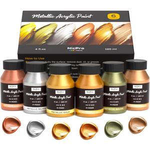 Nicpro Acrylic Paint Metallic, 6 Colors Gold, Silver, Copper, Brass, Bronze, DeepGold, 24oz/720ml Gold Leaf Paint, Non Toxic, Non Fading Paints for Art Painting, Handcrafts, Ideal for Multi-surface