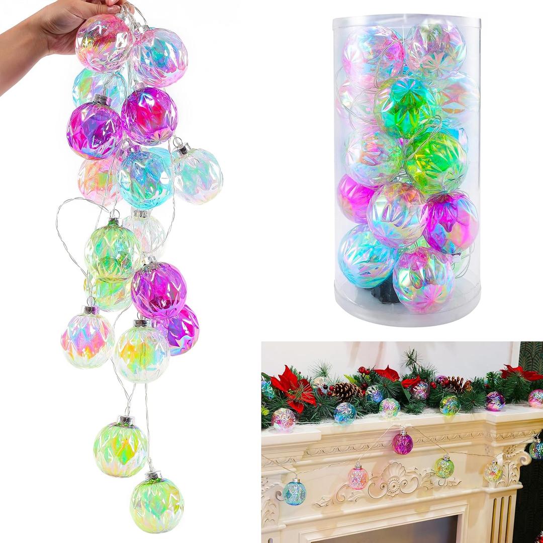Amooca Christmas Balls Ornaments Hanging Garland Decorations with LED Lights 20pc 12.2ft for Window Wall Stair Railing Xmas Tree Holiday Party Home Decor with Timer Colorful Rhombus Round Balls