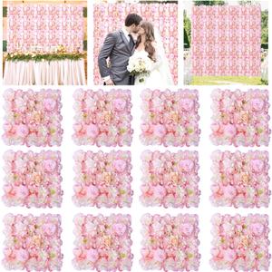 Flower Wall Backdrop 12 PCS Pink Artificial Floral Wall Backdrops 3D Silk Rose Flowers Wall Panels 15X15 Inch Photo Flower Backdrop Wall for Wedding Arrangements Party Background Decoration
