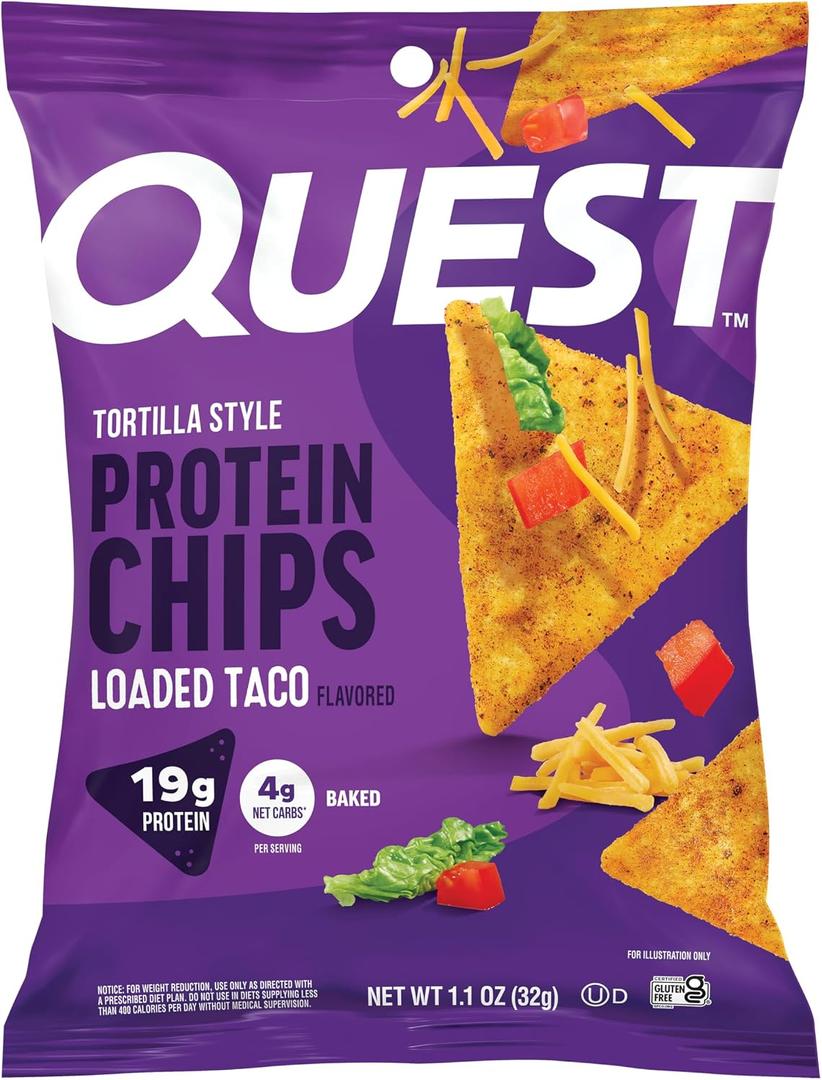 Quest Nutrition Loaded Taco Tortilla Style Protein Chips, 19g Protein, 4g Net Carb, Low Carb, Gluten Free, 1.1 oz (Pack of 12) (EXP 01/08/27)