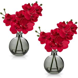 Oairse Red Orchids Artificial Flowers Faux Orchid Arrangement with Clear Glass Vase Set of 2 Real Touch Phalaenopsis Orchid Flowers Orchid Centerpiece for Dining Room Table