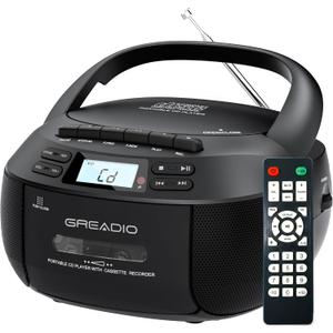 Greadio Boombox CD Player Cassette Player Combo, Boom Box Portable CD Players for Home with Bluetooth, Support AM FM Radio/Remote Control/AUX/USB/Earphone, AC/Battery Operated, LCD Display (Black)