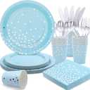 175 Pcs Light Blue Plates and Napkins Party Supplies - Baby Blue Paper Plates Serve 25 Guests - Light Blue and Silver Disposable Plates Sets for Birthday Wedding Baby Shower Holiday Party Decorations