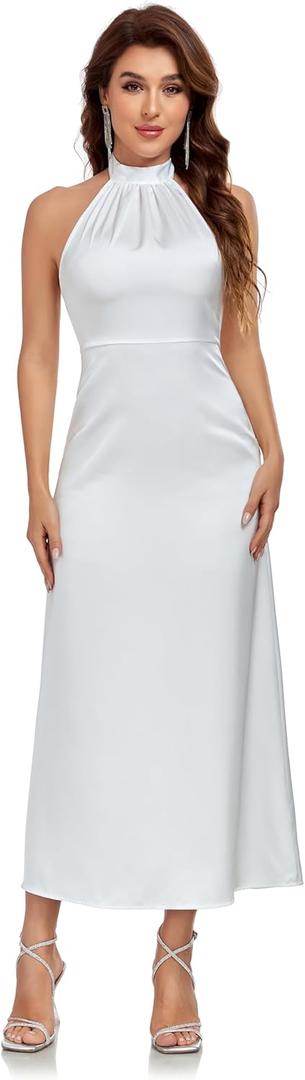 Women's Elegant Mock Halter Neck Party Dress Sleeveless Satin Silk Cocktail Evening Maxi Dresses (Large, White)