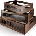 Wooden Nesting Countertop Baskets Set of 3 for Kitchen, Bathroom, Pantry|Wooden storage organizer For Fruit, Vegetables, Produce, Bread|Wooden Crate with handles|Decorative Rustic Wood and Metal Wire