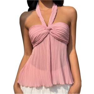 OYOANGLE Women's Textured Open Back Halter Top Sleeveless Twist Front Ruched Beach Vacation Going Out Top