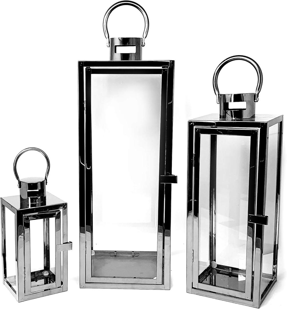 Allgala 3-PC Lantern Set 23 Inch Jumbo Deluxe Modern Indoor/Outdoor Candle Lantern Set Stainless Steel Frame Tempered Glass Rectangular Black for Garden Poolside Fireplace Wedding
