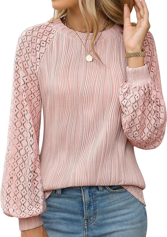 YZEGGO Womens Long Sleeve Textured Shirts Lace Tops Dressy Business Casual Blouses Trendy Outfits 2025
Size M