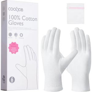 COOLJOB 6 Pairs 100% Cotton Gloves for Dry Hands Moisturizing & Eczema, Overnight Lotion, Sleep & Spa Treatment for Women & Men, Breathable Work Glove Liners, White, Small