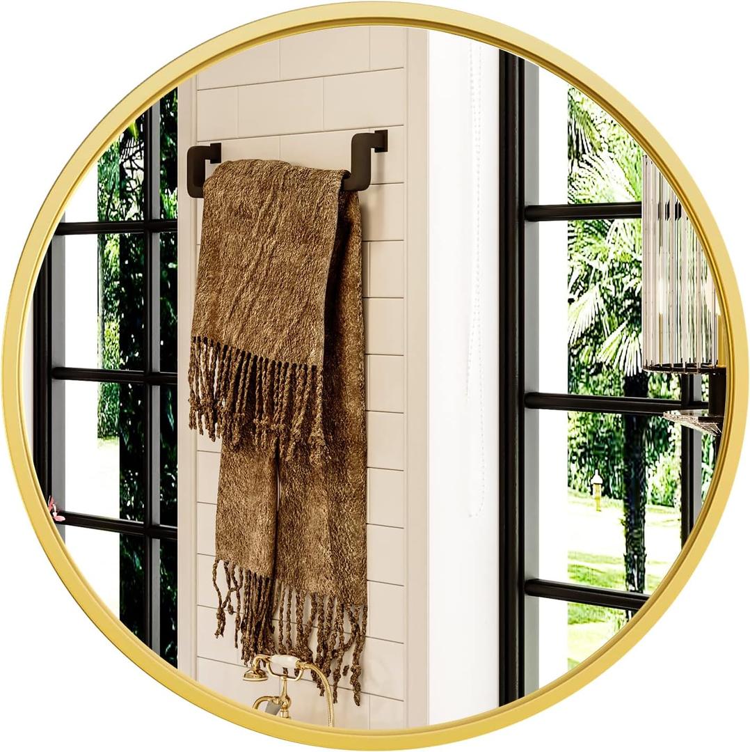 Gold Round Mirror, 24 inch Circle Wall Mirror for Bathroom Vanity, Entryway Living Room with Metal Frame for Home Decor