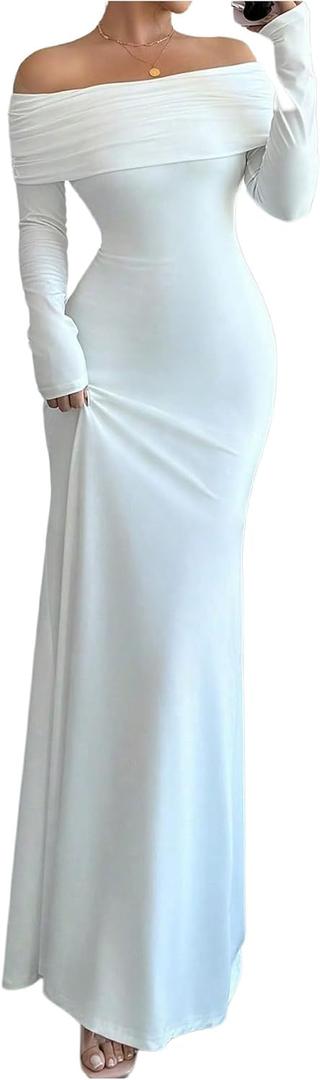 SOLY HUX Women's Long Sleeve Off The Shoulder Bodycon Dress Elegant Maxi Dress Cocktail Prom Dresses, L